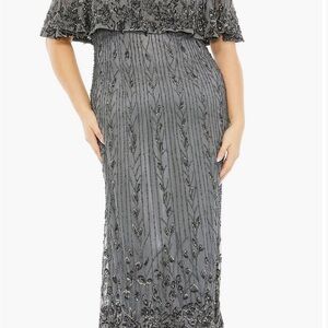 Mac Duggal Silver Gray Embellished Ruffled Midi Dress